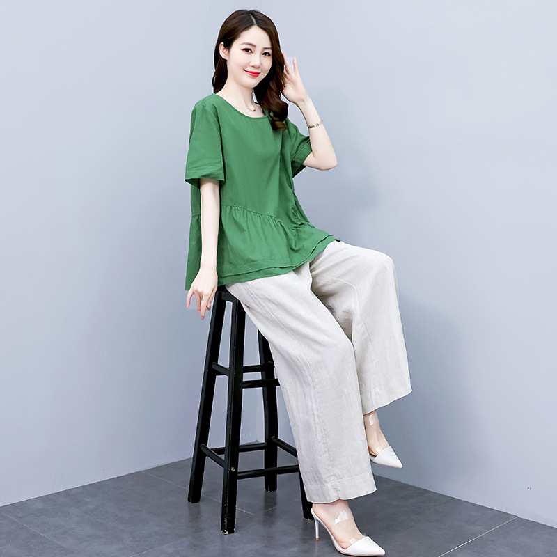 2022 New Women's summer two-piece overpants, loose pluse-sized top, cotton and linen wide-leg pants, casual and fashionable set for women Specification image