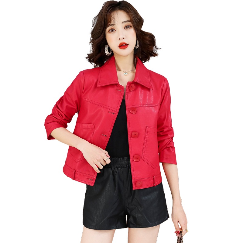 PU leather short jacket for women's 2022 spring and autumn collection, new fashionable and slimming lapel long-sleeved motorcycle jacket Item Picture