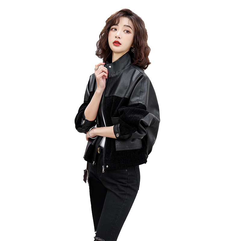 The new autumn 2022 collection for women in leather jackets features a stand-up collar, a cinched waist, a short, slimming European-style, color-blocked, stylish PU jacket. It's a trendy look Item Picture