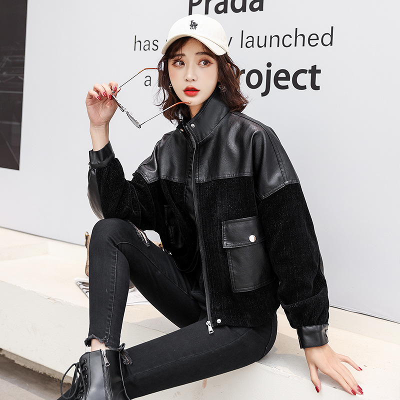 The new autumn 2022 collection for women in leather jackets features a stand-up collar, a cinched waist, a short, slimming European-style, color-blocked, stylish PU jacket. It's a trendy look Application Scenario