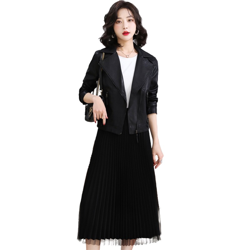 Women's 2022 Spring and Autumn new lapel slim short PU leather jacket with zipper casual top Item Picture