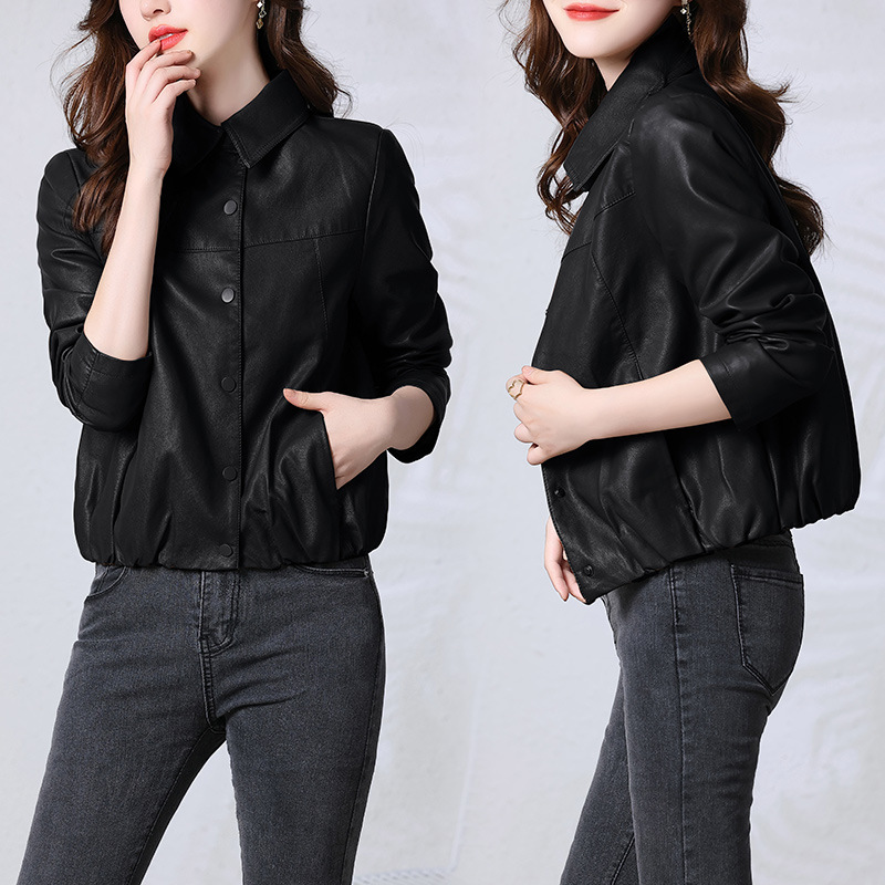 Women's 2022 autumn new lapel long-sleeved PU leather Korean-style slim-fit short motorcycle leather jacket details Picture