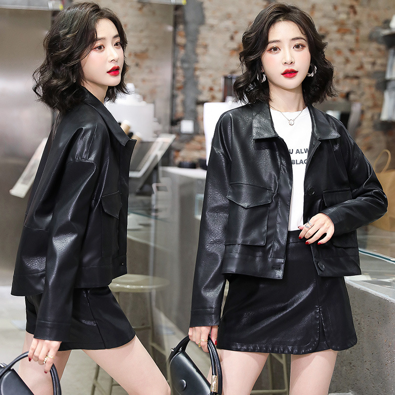 Solid-color motorcycle small leather jacket for women, 2022 autumn new style, small petite pu leather casual loose jacket details Picture