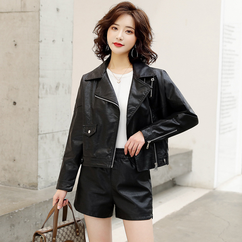A stylish and goddess-like fashion set for women in Spring and Autumn 2022, featuring a slimming long-sleeved PU leather small jacket and shorts, a two-piece set Specification image