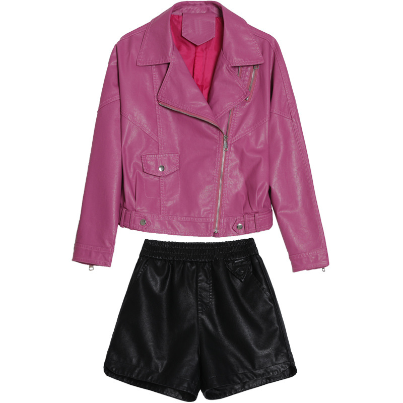A stylish and goddess-like fashion set for women in Spring and Autumn 2022, featuring a slimming long-sleeved PU leather small jacket and shorts, a two-piece set Item Picture