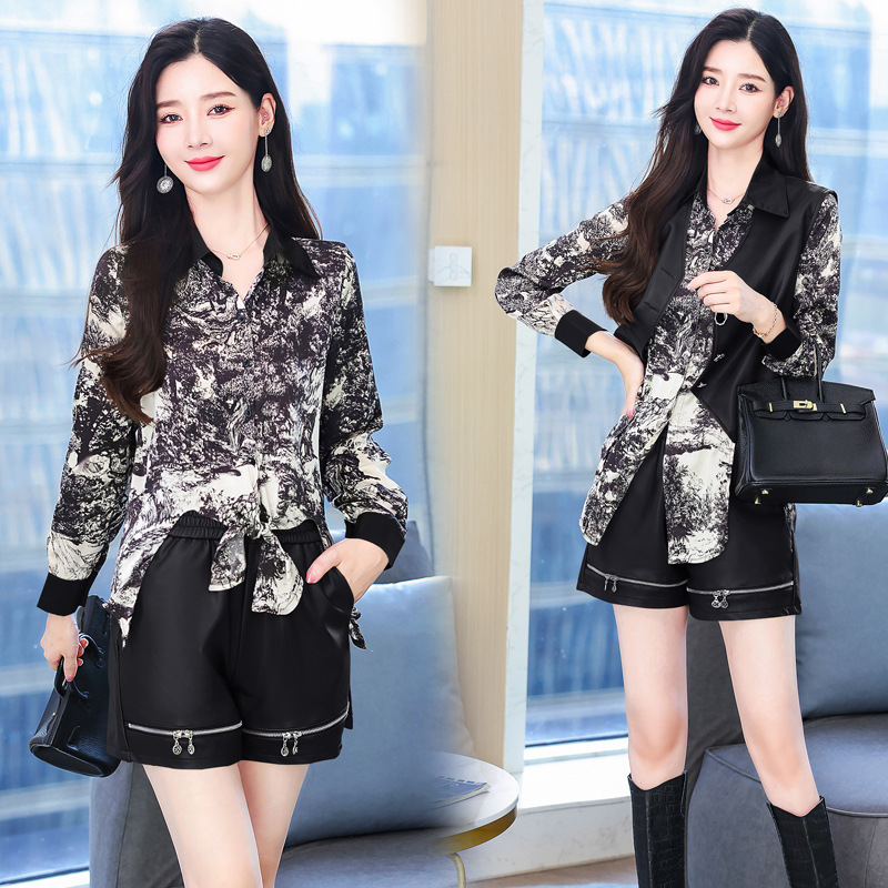 The 2022 autumn new Korean-style PU leather jacket, vest, shorts, long sleeves and base layer three-piece set for fashionable women is trendy Application Scenario