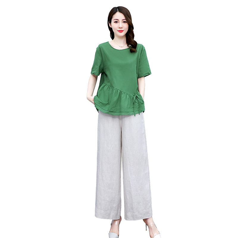 2022 New Women's summer two-piece overpants, loose pluse-sized top, cotton and linen wide-leg pants, casual and fashionable set for women Item Picture