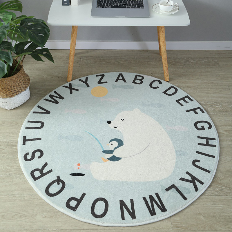 The bedroom is covered with a cute cross-border cartoon round carpet. The bed is padded with thickened lambskin children's floor MATS and the room carpet Specification image