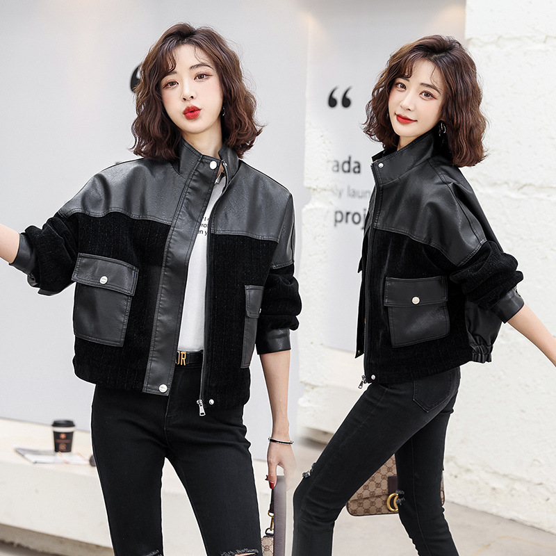 The new autumn 2022 collection for women in leather jackets features a stand-up collar, a cinched waist, a short, slimming European-style, color-blocked, stylish PU jacket. It's a trendy look details Picture