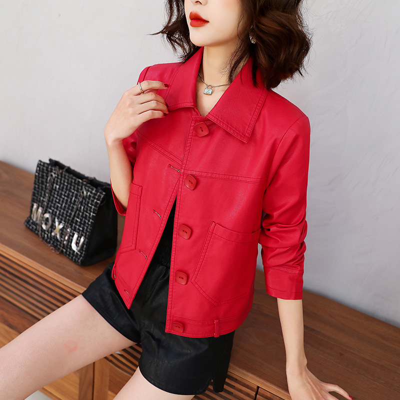 PU leather short jacket for women's 2022 spring and autumn collection, new fashionable and slimming lapel long-sleeved motorcycle jacket Specification image