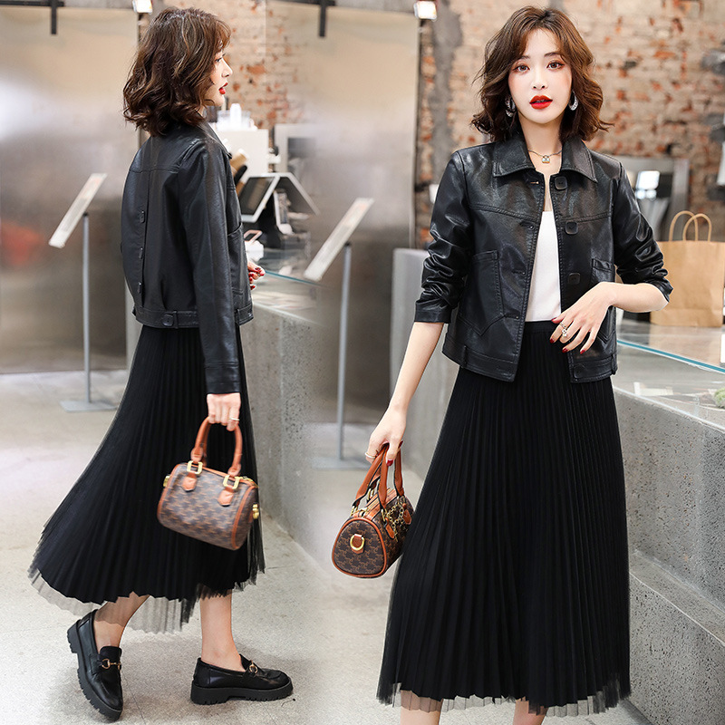 PU leather short jacket for women's 2022 spring and autumn collection, new fashionable and slimming lapel long-sleeved motorcycle jacket Application Scenario