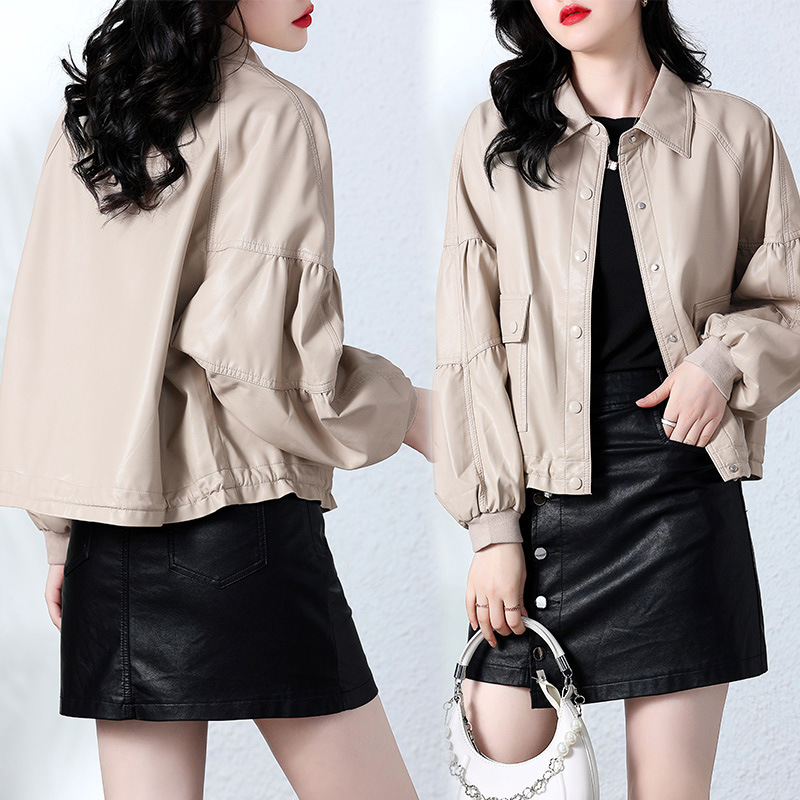 Women's 2022 autumn new short motorcycle leather jacket, petite coat, PU short skirt, two-piece set