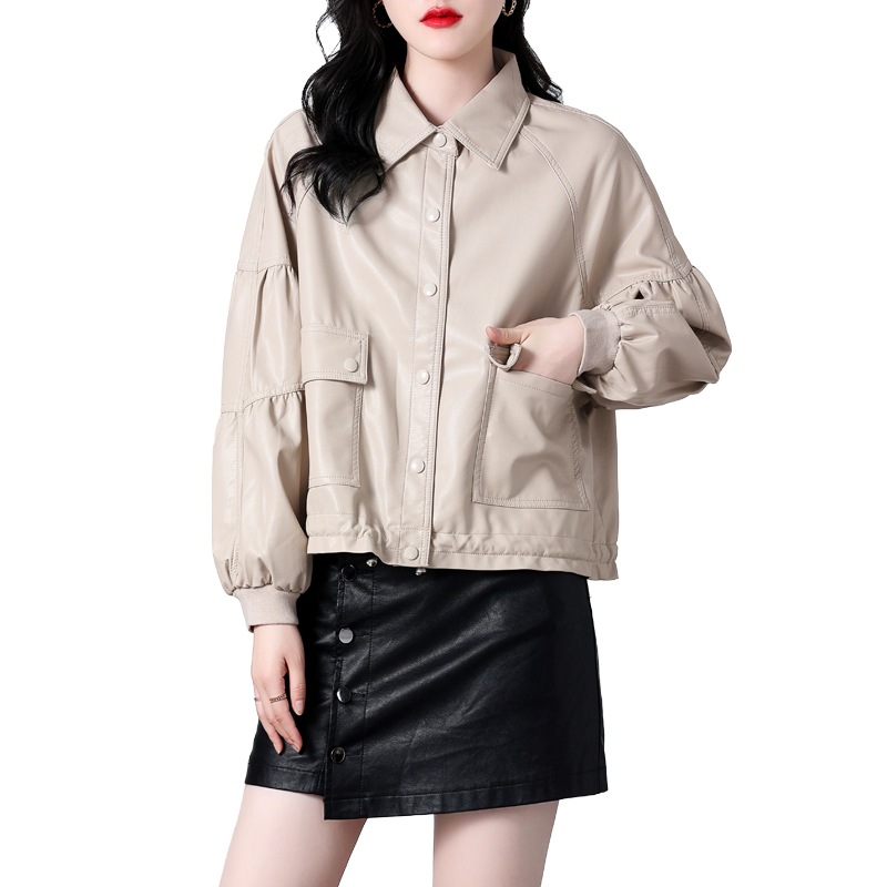 Women's 2022 autumn new short motorcycle leather jacket, petite coat, PU short skirt, two-piece set Item Picture