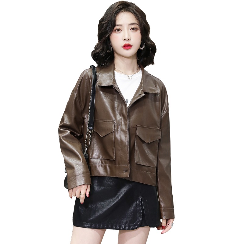 Solid-color motorcycle small leather jacket for women, 2022 autumn new style, small petite pu leather casual loose jacket Item Picture