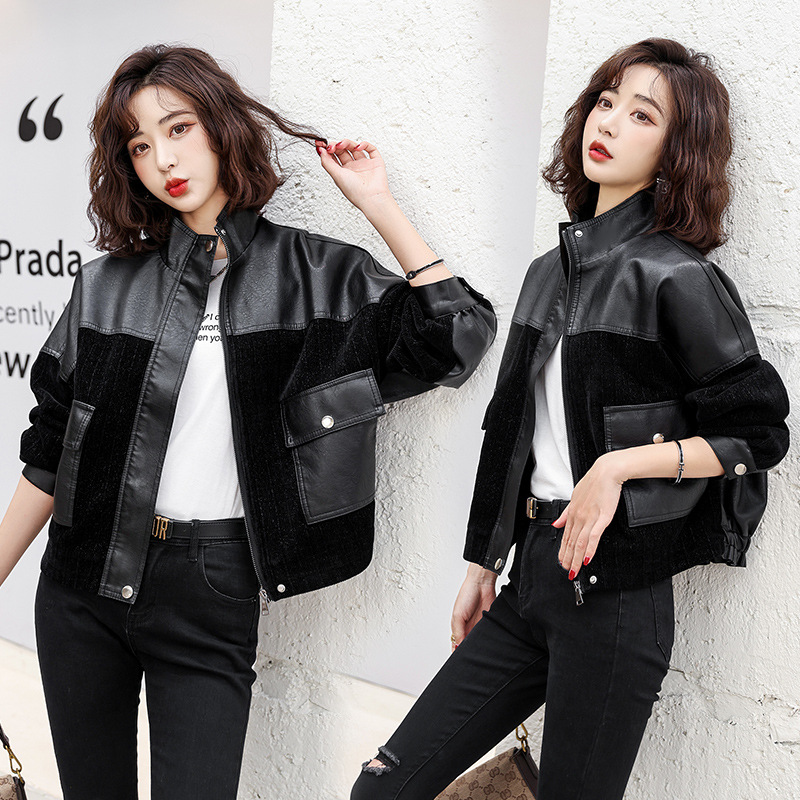 The new autumn 2022 collection for women in leather jackets features a stand-up collar, a cinched waist, a short, slimming European-style, color-blocked, stylish PU jacket. It's a trendy look