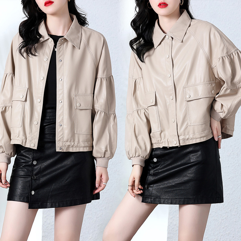 Women's 2022 autumn new short motorcycle leather jacket, petite coat, PU short skirt, two-piece set details Picture