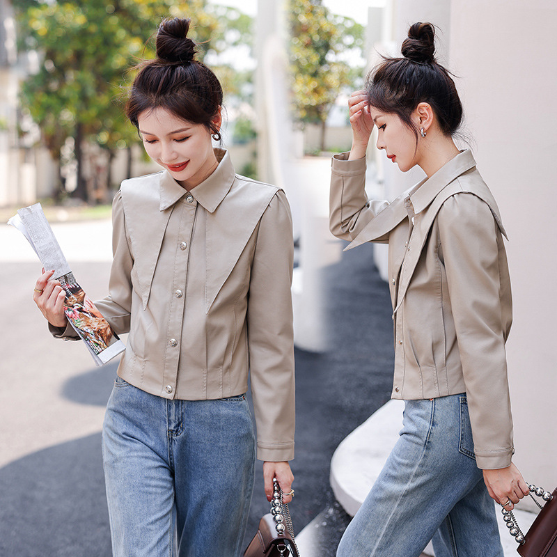 洋气皮衣外套女2022秋季新款翻领PU皮长袖韩版修身短款机车皮夹克