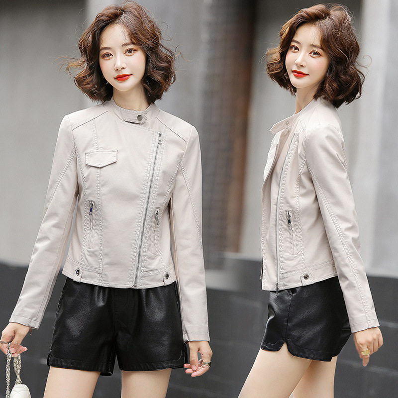 A new Spring and Autumn 2022 slim-fit fashion PU motorcycle leather jacket for women, a short and casual small coat details Picture