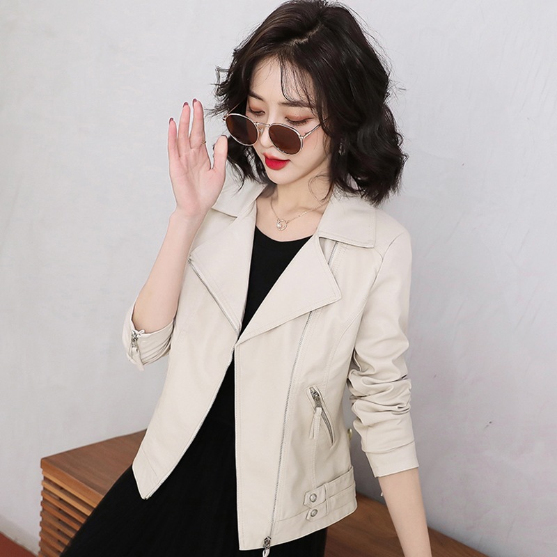Women's 2022 Spring and Autumn new lapel slim short PU leather jacket with zipper casual top Specification image