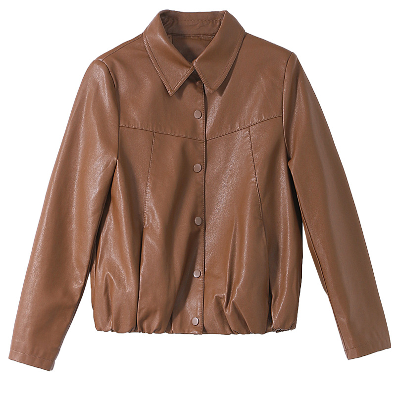 Women's 2022 autumn new lapel long-sleeved PU leather Korean-style slim-fit short motorcycle leather jacket Item Picture
