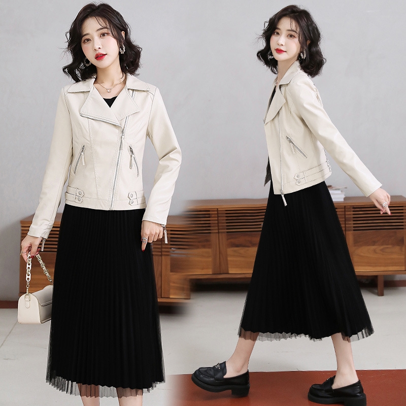 Women's 2022 Spring and Autumn new lapel slim short PU leather jacket with zipper casual top