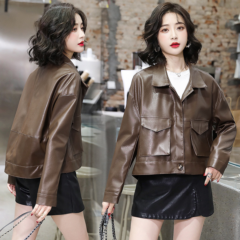 Solid-color motorcycle small leather jacket for women, 2022 autumn new style, small petite pu leather casual loose jacket