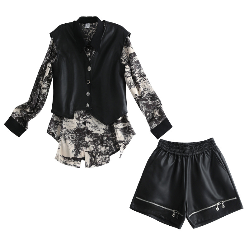 The 2022 autumn new Korean-style PU leather jacket, vest, shorts, long sleeves and base layer three-piece set for fashionable women is trendy Item Picture