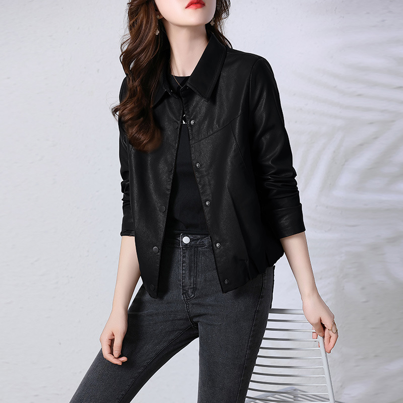 Women's 2022 autumn new lapel long-sleeved PU leather Korean-style slim-fit short motorcycle leather jacket Specification image