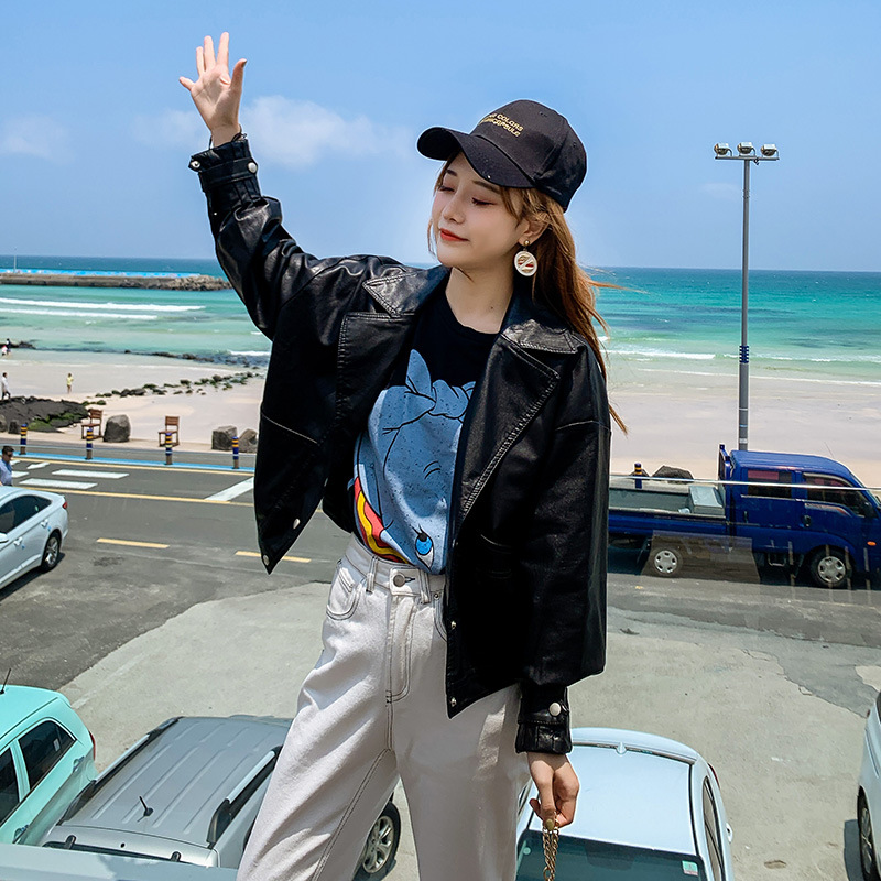 Black pu leather women's 2022 Spring and Autumn new fashionable Korean bf style loose short casual jacket is trendy