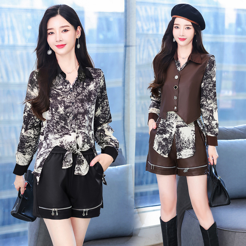 The 2022 autumn new Korean-style PU leather jacket, vest, shorts, long sleeves and base layer three-piece set for fashionable women is trendy details Picture