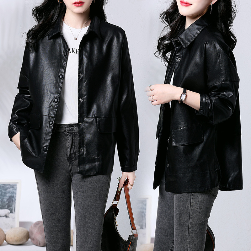 A stylish short leather jacket for women's Spring and Autumn 2022 new Korean style loose and slimming PU leather motorcycle jacket details Picture
