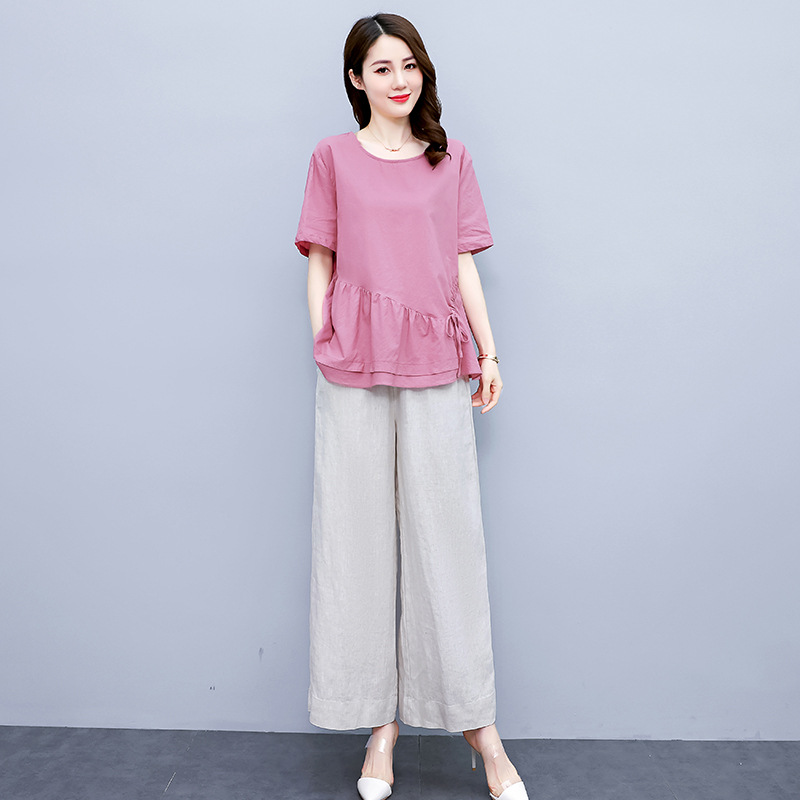 2022 New Women's summer two-piece overpants, loose pluse-sized top, cotton and linen wide-leg pants, casual and fashionable set for women Application Scenario