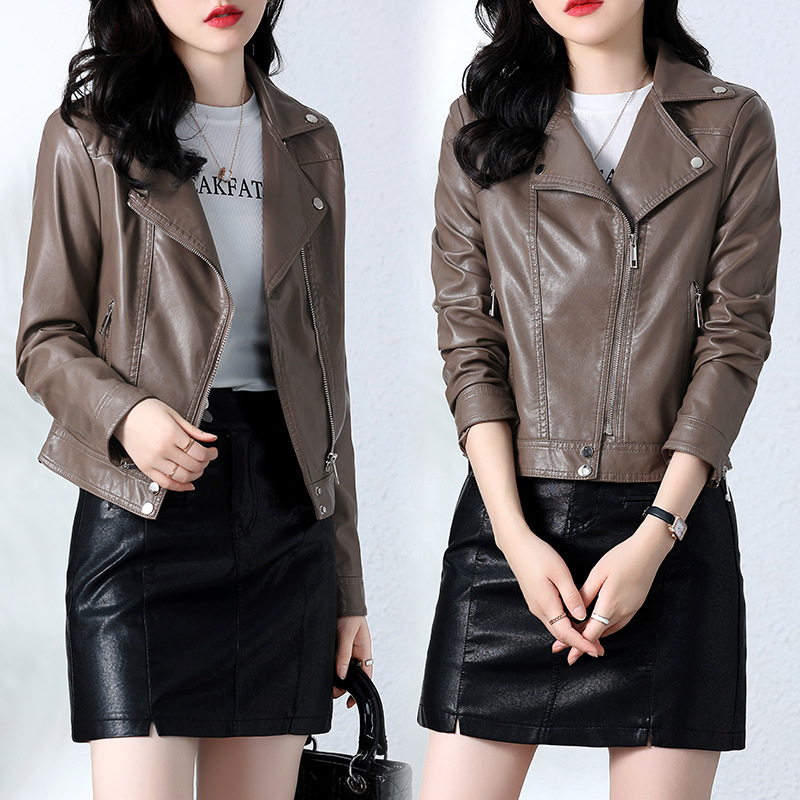 A short leather jacket for women, a retro, fashionable and casual PU jacket top for the autumn of 2022 details Picture