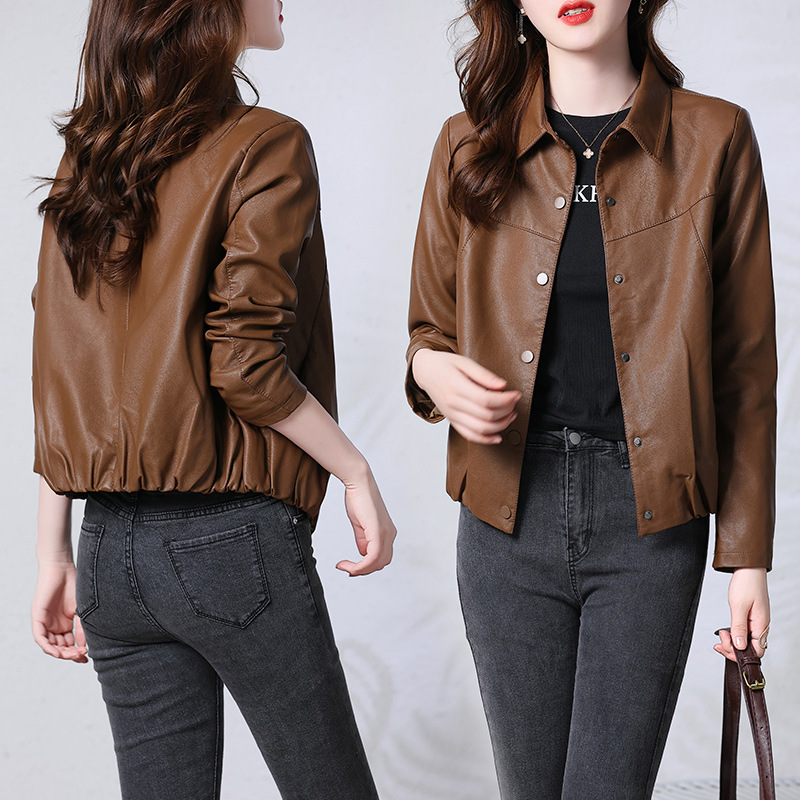 Women's 2022 autumn new lapel long-sleeved PU leather Korean-style slim-fit short motorcycle leather jacket
