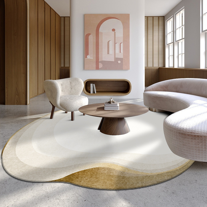 The entire carpet for the living room and bedroom is covered with round floor MATS. It is a light luxury home bedside blanket with a wabi-sabi style and an irregular coffee table details Picture