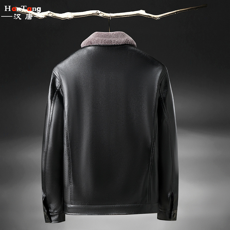 2021 new men's PU leather jacket, winter thickened and fleece casual men's small lapel leather jacket, middle-aged and elderly leather jacket details Picture