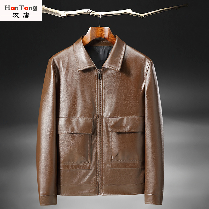 Wholesale factory of thin lapel leather jackets for middle-aged and elderly men, spring and autumn, solid color zipper motorcycle leather jackets Specification image