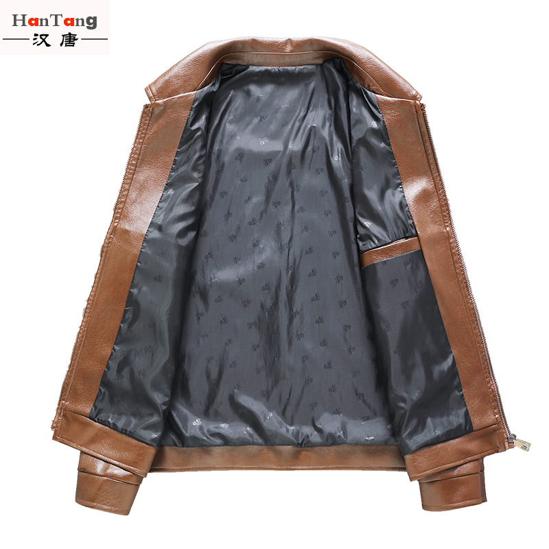 Wholesale factory of thin lapel leather jackets for middle-aged and elderly men, spring and autumn, solid color zipper motorcycle leather jackets Item Picture