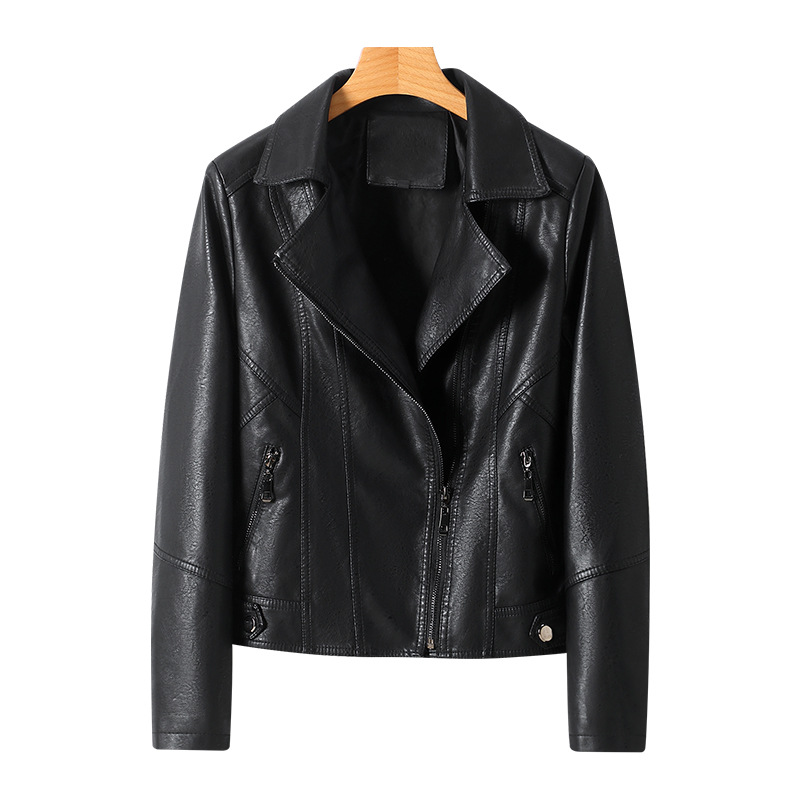 2022 New style women's motorcycle leather jacket, spring and autumn thin women's leather jacket, lapel zipper slim Korean-style coat Item Picture