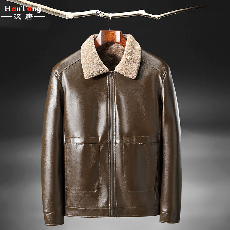 2021 new men's PU leather jacket, winter thickened and fleece casual men's small lapel leather jacket, middle-aged and elderly leather jacket Specification image