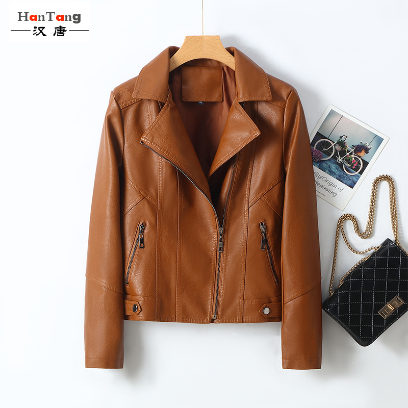 2022 New style women's motorcycle leather jacket, spring and autumn thin women's leather jacket, lapel zipper slim Korean-style coat Specification image