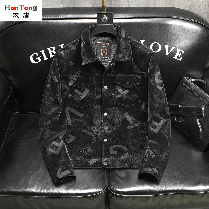 2022 New men's leather jackets, lapels, spring and autumn single-layer men's coats, live-streamed by Internet celebrities, factory direct supply details Picture