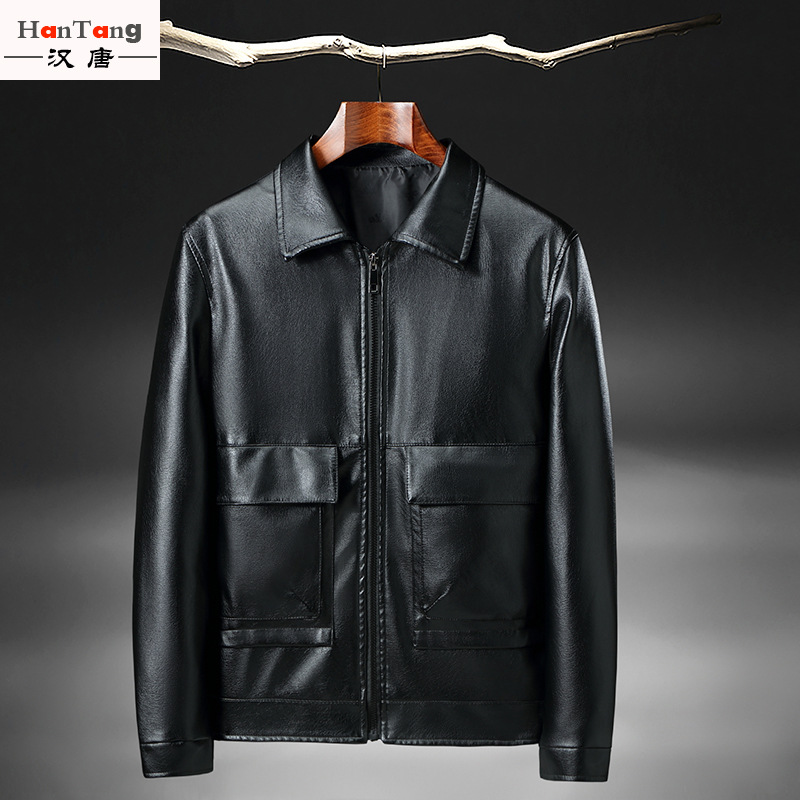 Wholesale factory of thin lapel leather jackets for middle-aged and elderly men, spring and autumn, solid color zipper motorcycle leather jackets