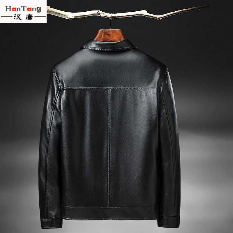 Wholesale factory of thin lapel leather jackets for middle-aged and elderly men, spring and autumn, solid color zipper motorcycle leather jackets details Picture