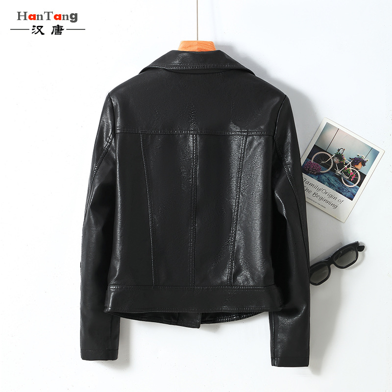 2022 New style women's motorcycle leather jacket, spring and autumn thin women's leather jacket, lapel zipper slim Korean-style coat details Picture