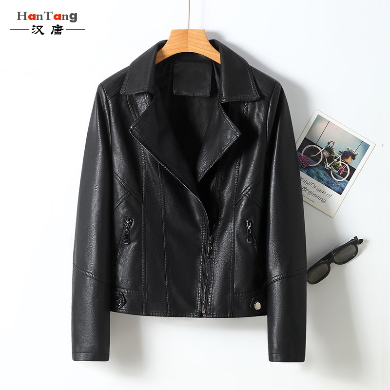 2022 New style women's motorcycle leather jacket, spring and autumn thin women's leather jacket, lapel zipper slim Korean-style coat