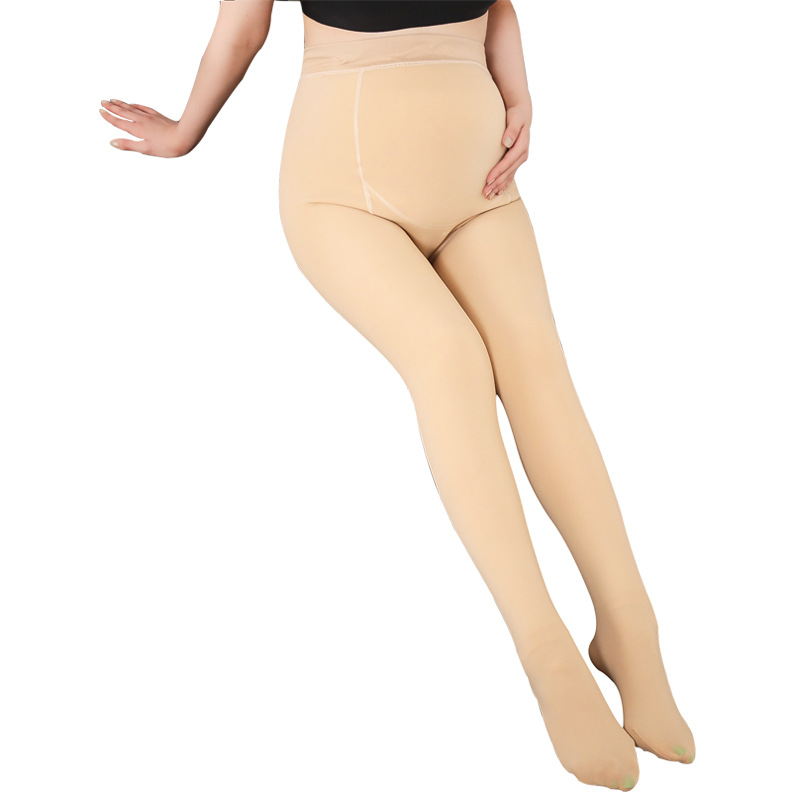 The 2022 autumn and winter new style of nylon pregnant women's leggings, flesh-colored one-piece pants, with fleece and thickened foot socks and adjustable abdominal support Item Picture