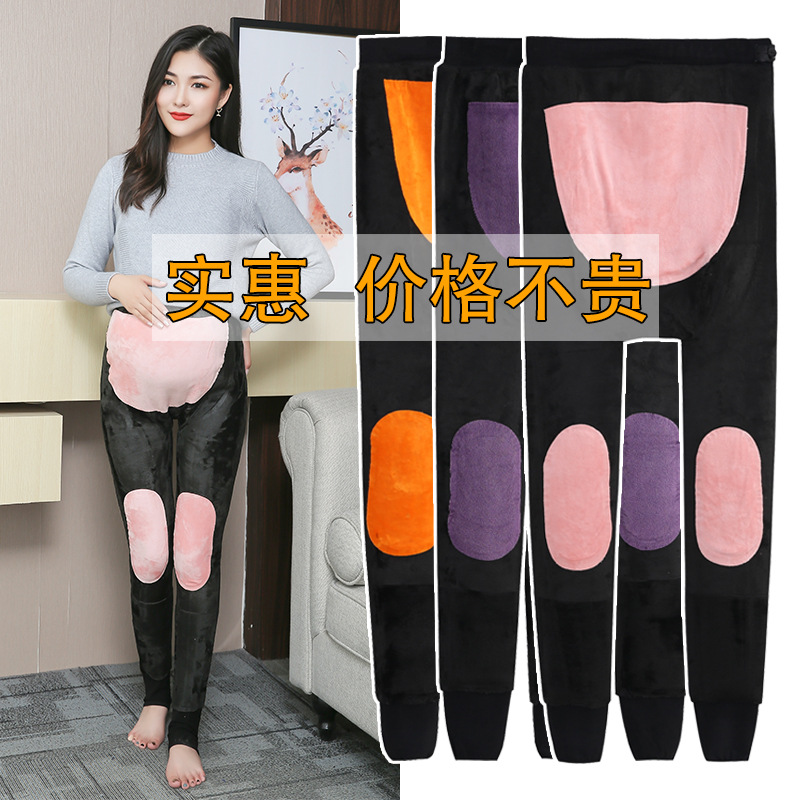 2022 New style maternity pants for protecting the uterus, autumn and winter, with fleece on the outside, high-waisted, belt-supporting, tights, large-sized, thickened cotton pants for women Application Scenario