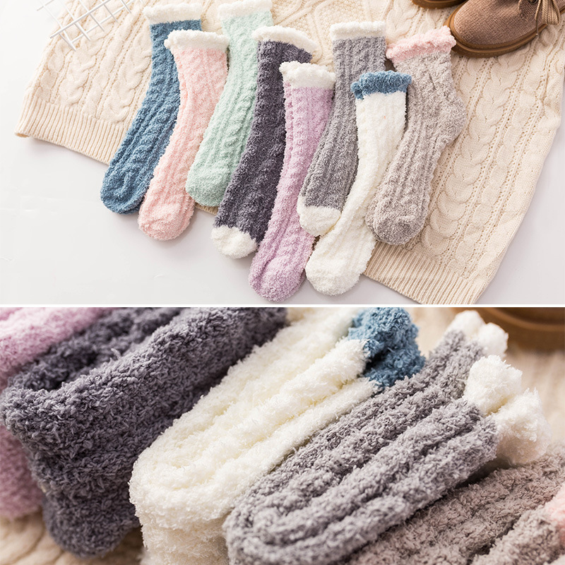 袜子女秋冬珊瑚绒袜子成人中筒加厚棉袜保暖地板袜韩版毛巾睡眠袜