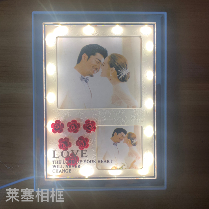 植绒花朵led单色灯光创意摆件家居装饰工艺品照片玻璃带灯相框